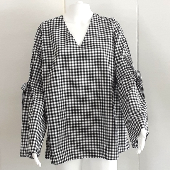 PLUS SZ XL AVA & VIV Black White Gingham V-Neck Bow Flutter Long Sleeve Blouse - Picture 3 of 7
